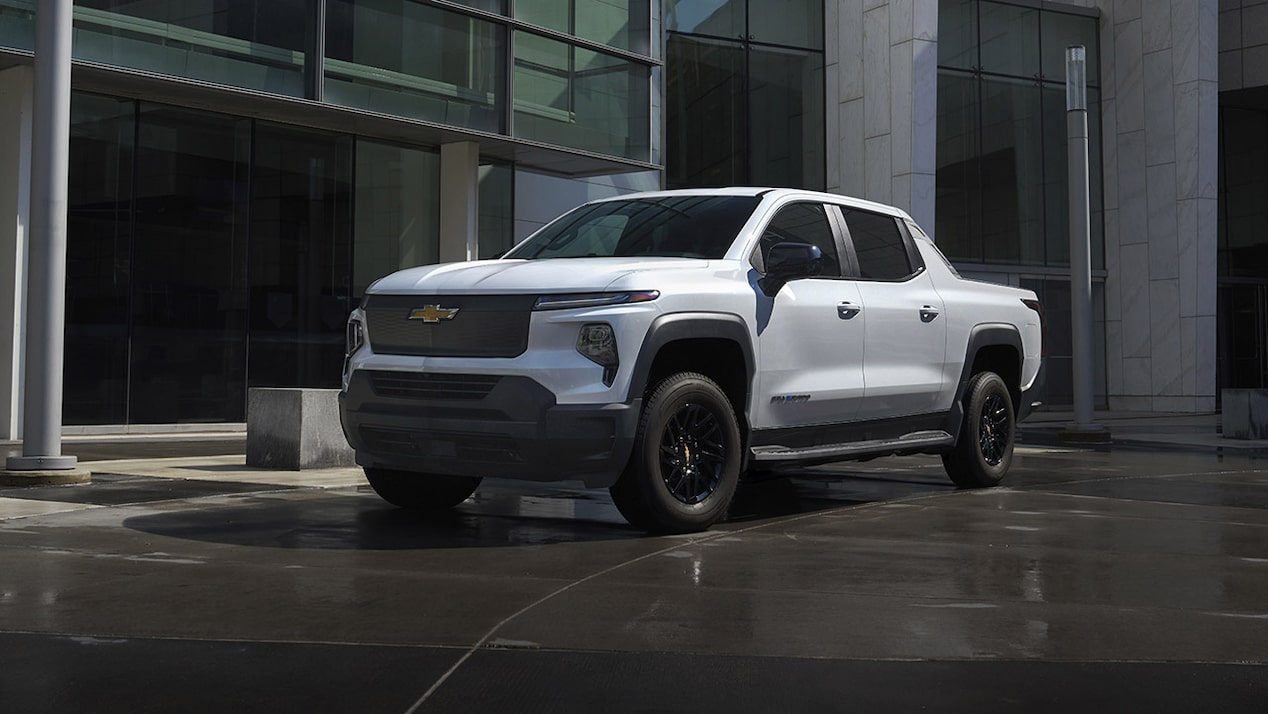 GM Fleet Silverado EV parked outside a building.